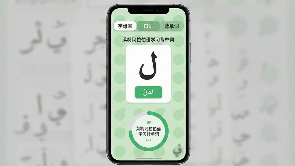 莱特阿拉伯语学习背单词 应用主界面,手机屏幕显示字母学习卡片与进度条,淡绿色背景,扁平化设计,顶部有“字母表”“口语”“背单词”标签,中间是阿拉伯语字母“”与发音按钮,下方是学习进度圆环,整体布局清晰,文字标注“莱特阿拉伯语学习背单词”,画质干净,无多余元素