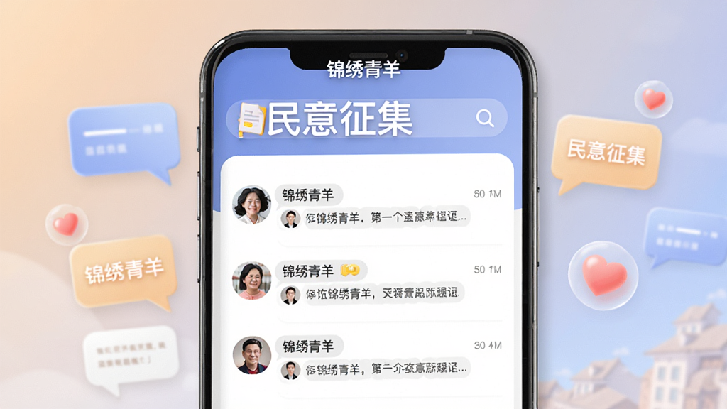 展示“锦绣青羊”APP互动社区页面,用户头像和评论列表清晰可见,顶部有“民意征集”栏目,背景柔和,配以对话框和爱心图标,体现交流与温暖,整体排版干净整洁,风格现代,画质高清,无多余元素,文字包含“锦绣青羊”字样