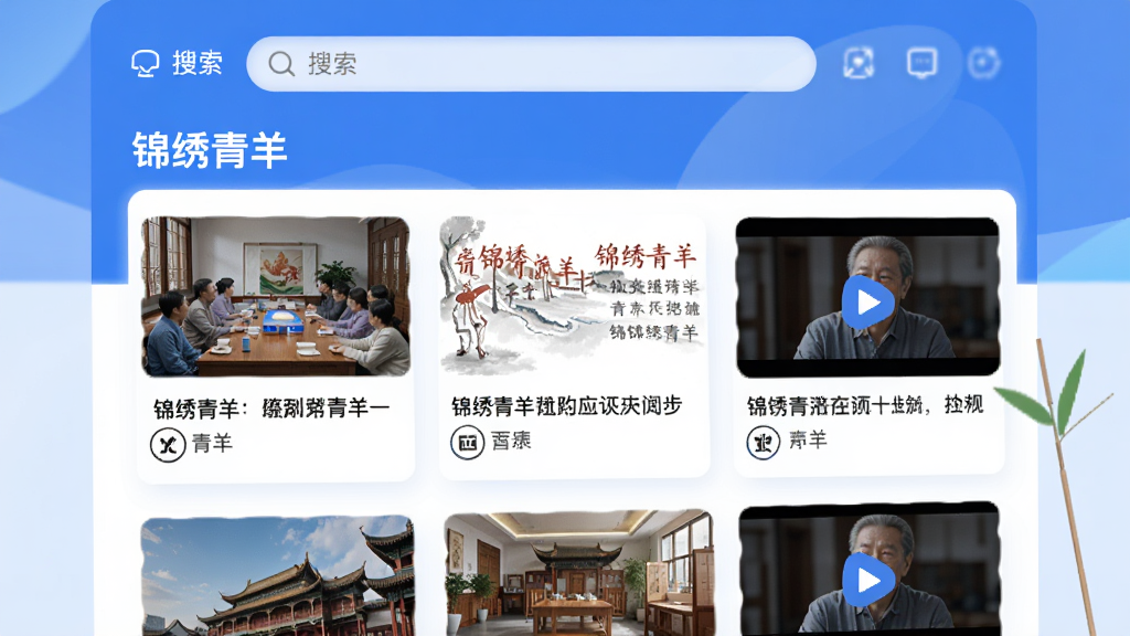 高清数字界面展示“锦绣青羊”APP首页,顶部有搜索栏,中部为新闻资讯卡片流,包含图文和视频混排,整体风格简洁明快,以蓝色和白色为主色调,界面干净无多余元素,文字显示“锦绣青羊”标题,画质清晰,采用扁平化设计,突出新闻阅读功能,适合作为软件官方预览图