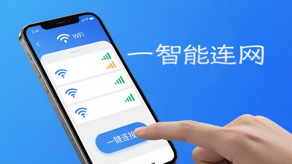 万用钥匙WiFi连应用主界面,手机屏幕显示扫描到的WiFi列表,信号强度图标清晰可见,用户手指点击一键连接按钮,背景是简约的蓝色渐变风格,干净明亮,突出“一键智能连网”字样,画质细腻,无多余元素