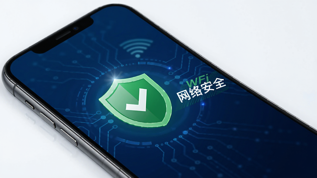 万用钥匙WiFi连安全检测界面,手机屏幕显示绿色盾牌图标,旁边有“网络安全”字样,背景为深蓝色科技感风格,整体画面干净专业,突出安全可靠的品牌形象,画质清晰,无杂乱元素