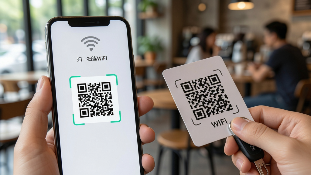 手机屏幕展示万用钥匙WiFi连的扫码界面,摄像头对准一张印有二维码的卡片,屏幕中识别框对准二维码,界面简洁清晰,背景有模糊的咖啡馆环境,突出“扫一扫连WiFi”功能,主体突出,布局合理,画面干净,细节丰富,画质高清
