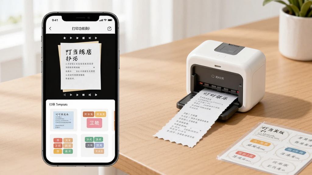 叮当同学打印功能展示图,左侧为手机界面显示纸条编辑和标签模板,右侧为便携打印机实物,桌面摆放打印出的纸条和标签,整体场景整洁明亮,风格写实,画质干净无多余元素