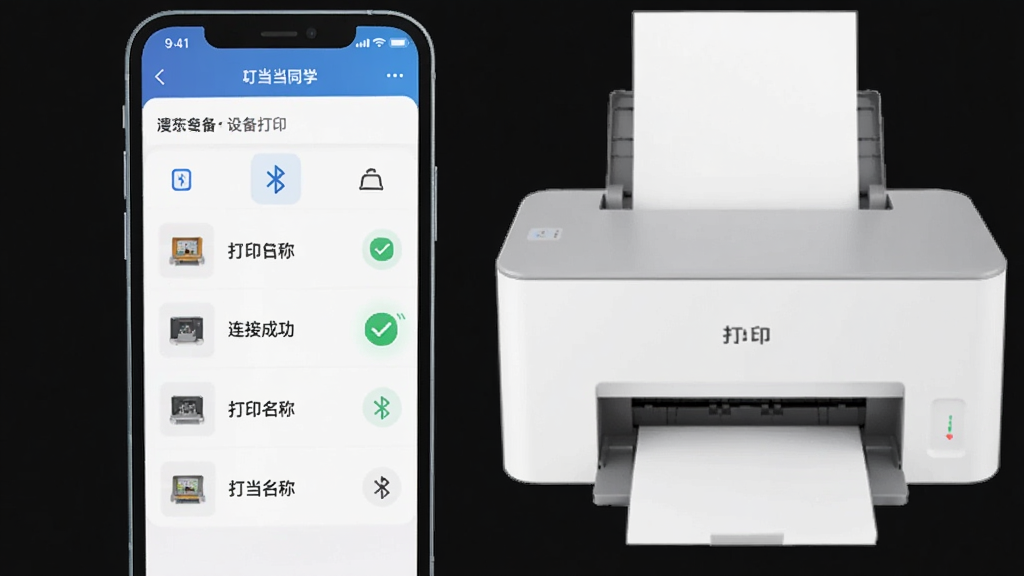 叮当同学APP连接打印机界面,手机蓝牙搜索设备,列表显示打印机名称,界面简洁清晰,连接成功状态图标高亮,现代扁平化设计风格,主体为手机屏幕和打印机设备,布局居中,画质干净无多余元素