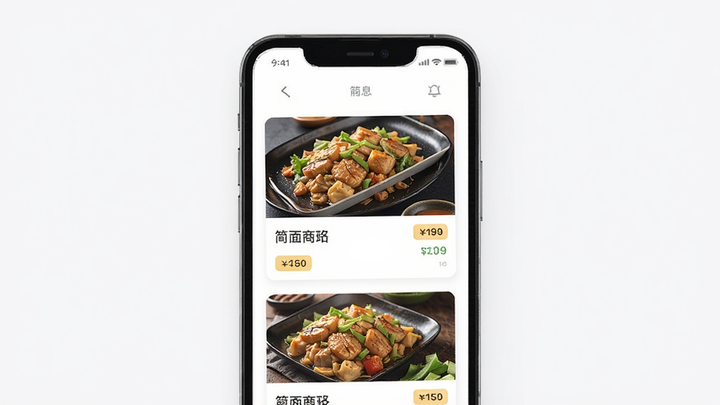 简单点App界面展示,主体为手机屏幕截图,布局为列表式商户卡片,排版清晰,风格现代简约,细节包含菜品图片和价格标签,画质高清干净,无多余元素