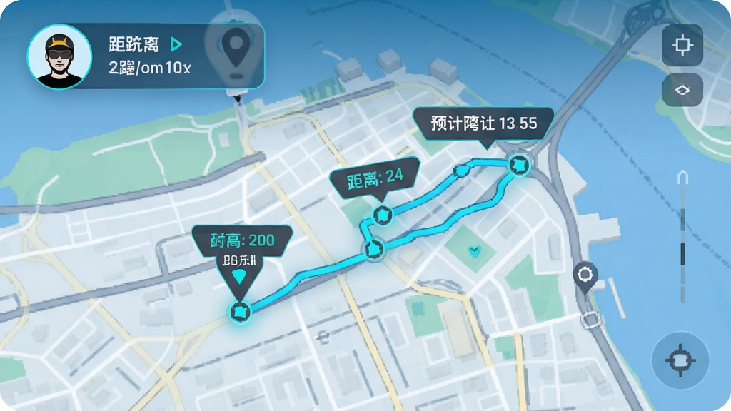 简单点配送地图追踪画面,主体为地图界面,布局显示骑手头像和移动轨迹,排版直观,风格科技感,细节有距离提示和预计时间,画质清晰干净,无多余元素
