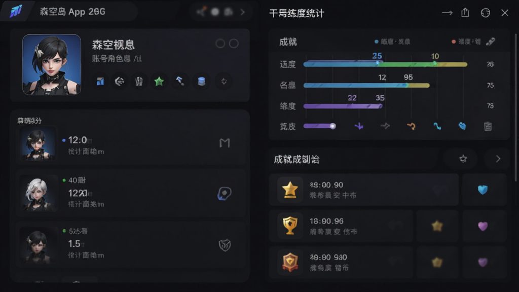 森空岛App游戏工具页面截图,左侧显示账号角色信息,右侧展示干员练度统计与成就列表,背景为深色主题,突出数据可视化图表,风格简洁专业,干净无多余元素