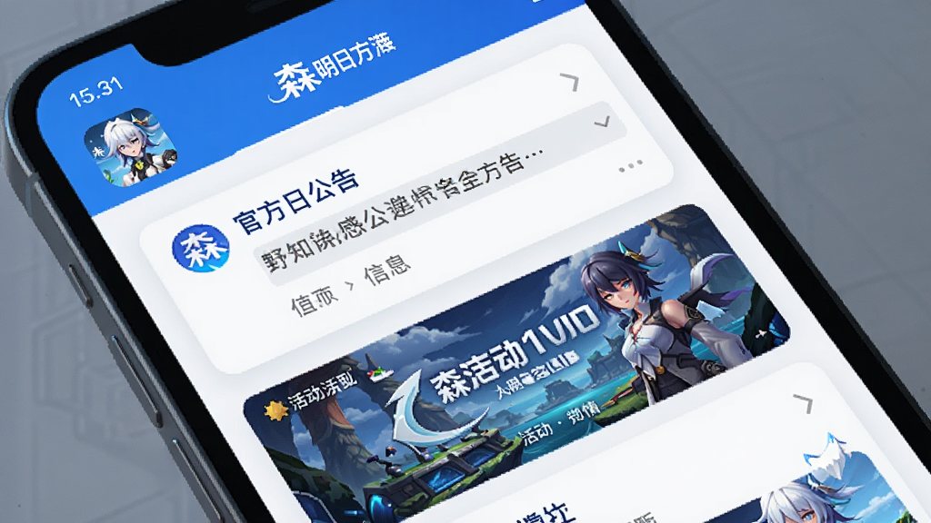 手机屏幕展示森空岛App界面,顶部导航栏有“明日方舟”游戏图标,下方信息流卡片展示官方公告与活动横幅,整体采用蓝白配色,科技感与游戏感融合,干净无多余元素