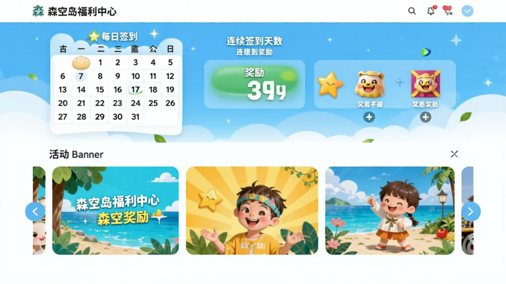 森空岛福利中心页面,顶部为每日签到日历,显示连续签到天数与奖励图标,下方为活动Banner轮播图,色彩明亮活泼,整体风格清新明快,干净无多余元素