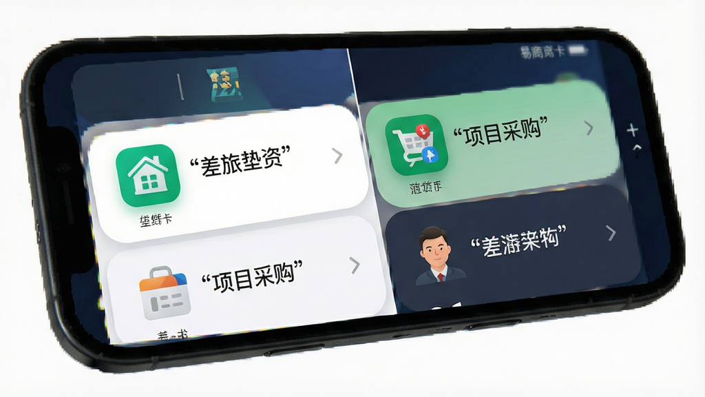 易商卡手机界面展示,主体为付款场景选择页面,布局清晰,图标鲜明,风格简洁现代,细节包括“差旅垫资”、“项目采购”等选项,文字标签加引号,画质高清,干净无多余元素