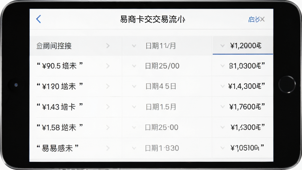 易商卡交易流水页面,主体为列表式记录,布局整齐,风格清爽,细节显示金额与日期,文字加引号,画质高清,无多余元素