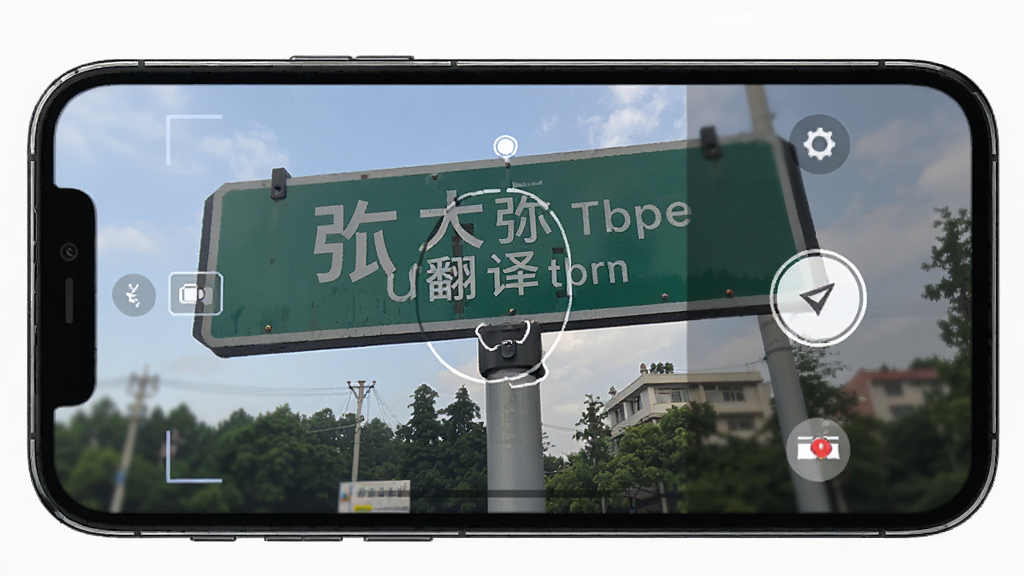 弭语口袋翻译拍照翻译功能示意图,主体为手机拍摄路牌的画面,屏幕中实时显示识别出的文字和翻译结果,布局自然,包含中英文对照,排版清晰,风格真实,细节展示相机取景框和翻译按钮,画质高清,无多余元素