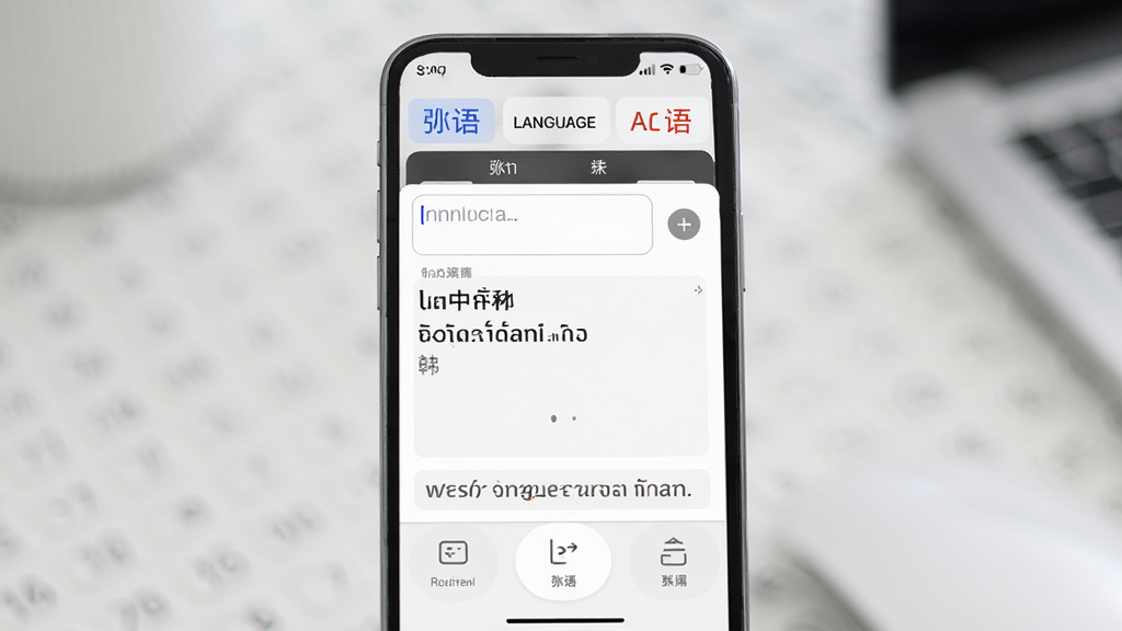 弭语口袋翻译应用界面展示,主体为手机屏幕上的翻译界面,布局清晰,上方为语言选择栏,中间为输入框和翻译结果区,下方功能按钮排列整齐,风格简洁现代,细节包含中英泰韩四种语言选项,画质高清干净,无多余元素