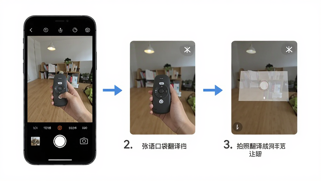 弭语口袋翻译拍照翻译操作步骤图,主体为手机操作界面,分步骤展示拍摄和翻译过程,布局为流程图样式,排版清晰,风格简洁,细节包含箭头指示和文字说明,画质干净,无多余元素
