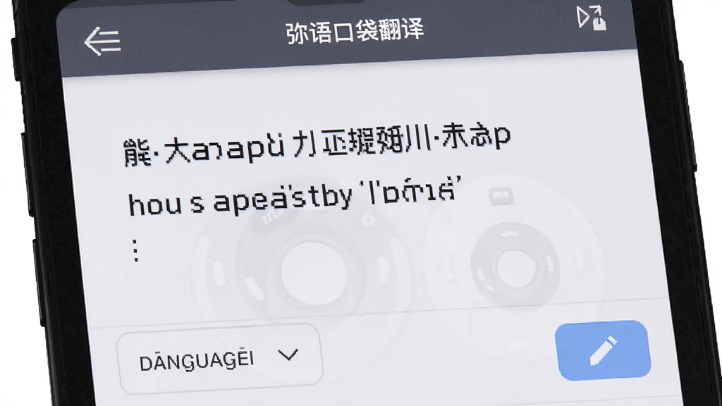 弭语口袋翻译文本翻译界面截图,主体为手机屏幕显示中英文对照翻译结果,排版整洁,风格简洁,细节有语言选择下拉菜单和编辑按钮,画质高清,无多余元素