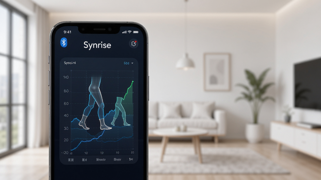 Synrise 应用界面展示,主体为手机屏幕显示步态调节图表,背景是简洁的室内环境,布局清晰,排版有序,风格现代科技感,细节包含蓝牙连接状态图标,画质高清,干净无多余元素