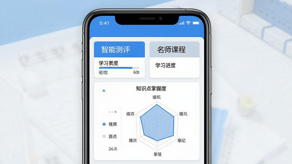 一张展示快提分软件核心功能界面的手机截图,主体是“智能测评”与“名师课程”两个模块,布局清晰,采用蓝白主色调,扁平化设计风格,细节上包含学习进度条与知识点掌握度雷达图,画质高清,整体干净无多余元素。