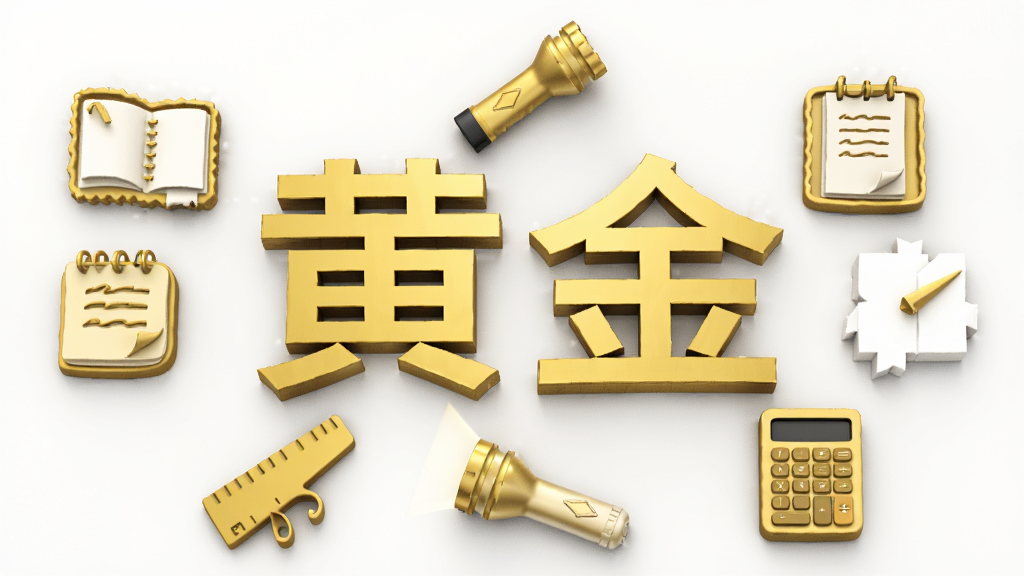 黄金软件功能展示,画板、手电筒、记事本、尺子、计算器图标围绕“黄金”二字排列,金色与白色配色,简约商务风格,高清渲染,画质干净无多余元素