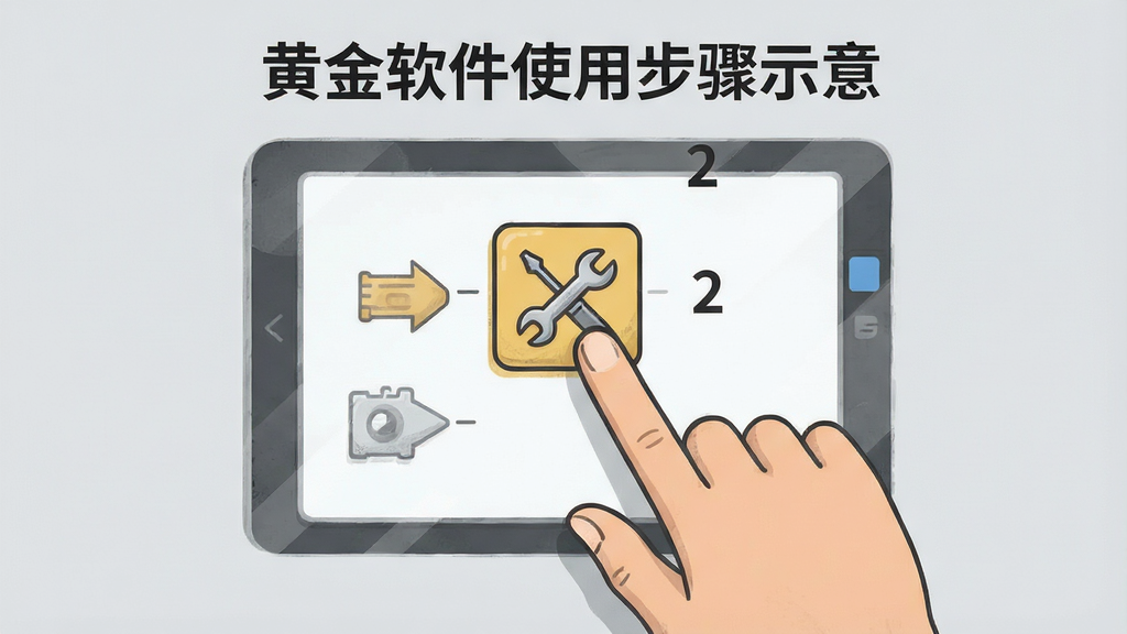 黄金软件使用步骤示意,用户手指点击屏幕上的工具图标,旁边有步骤序号,背景为浅灰色,简洁插画风格,高清画质,干净无多余元素
