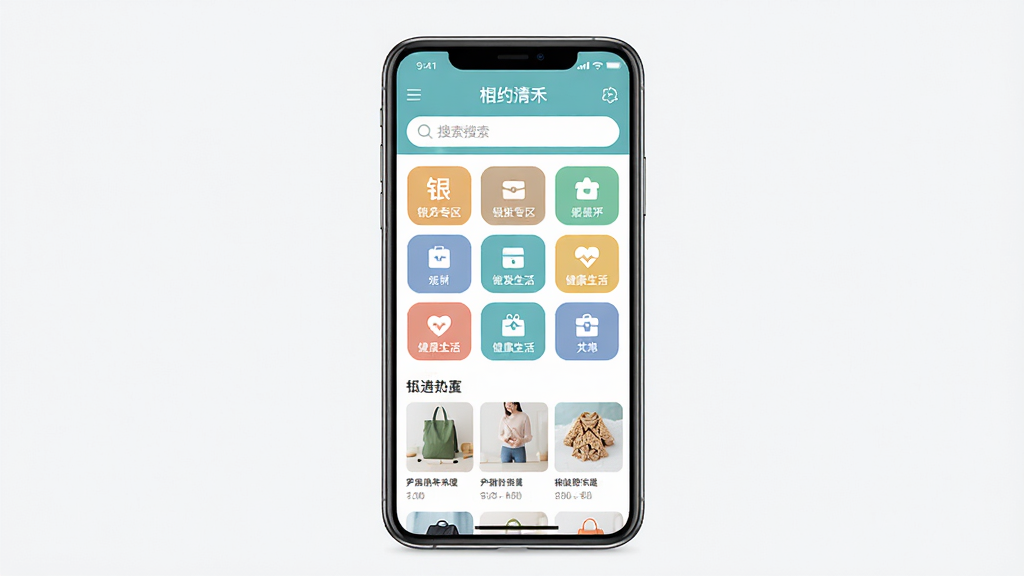 一款名为“相约清禾”的智能手机应用界面展示,主体:手机屏幕居中展示APP首页排版,布局:上方搜索栏、中间功能九宫格图标、下方商品瀑布流,风格:扁平化UI设计,细节:大字体适老化按钮,标注“银发专区”、“健康生活”,画质:高清渲染,干净无多余元素