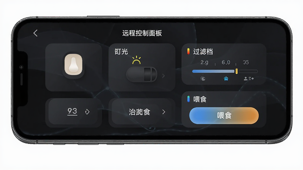 WOOKU智宠APP远程控制面板,包含灯光开关、过滤档位、喂食按钮,界面以深色主题为主,按钮排列整齐,手机模型展示,排版清晰,画质细腻