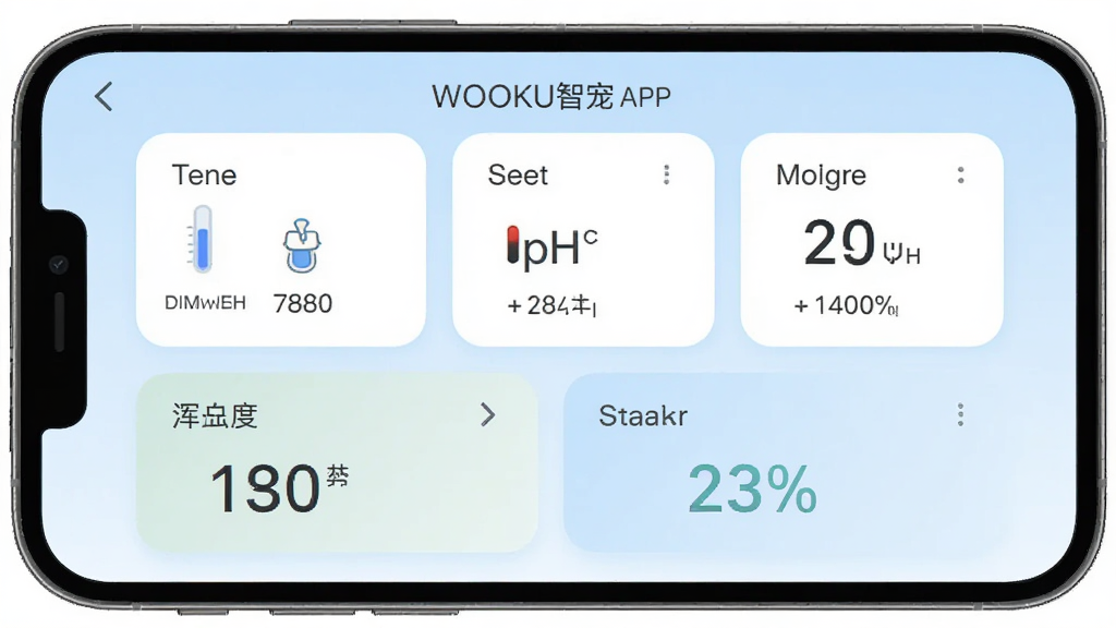 WOOKU智宠APP水质监测界面,显示温度、pH值、浑浊度等数据卡片,背景为淡蓝色调,手机界面居中,整体风格简洁现代,UI干净无多余元素,画质清晰
