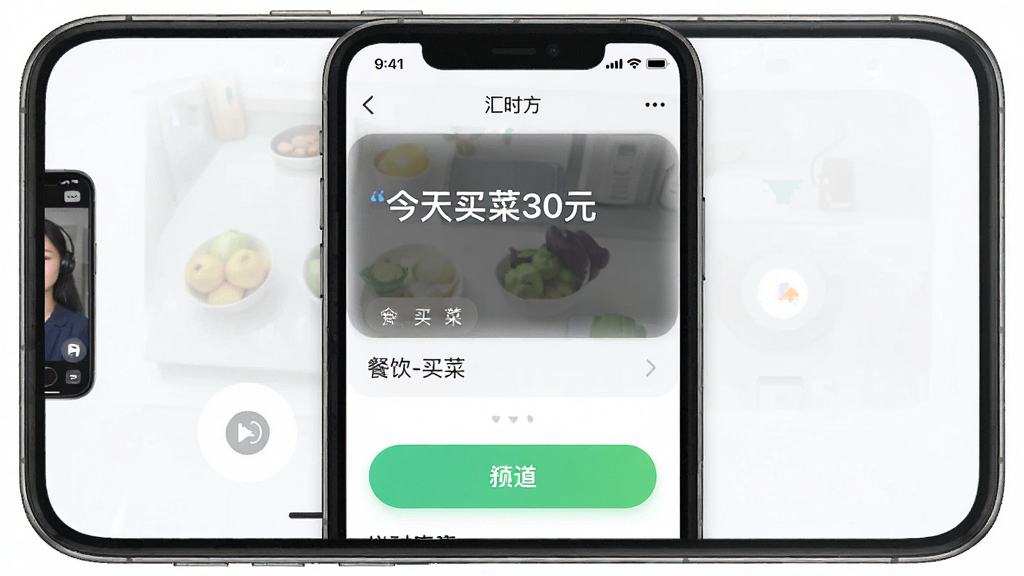 一张手机截图,显示汇时方App的语音记账界面,用户正对着手机说话,屏幕上有“今天买菜30元”的文字识别结果,下方自动归类到“餐饮-买菜”分类,界面简洁明亮,按钮圆润,背景干净,整体为扁平化风格,画质清晰,无多余元素