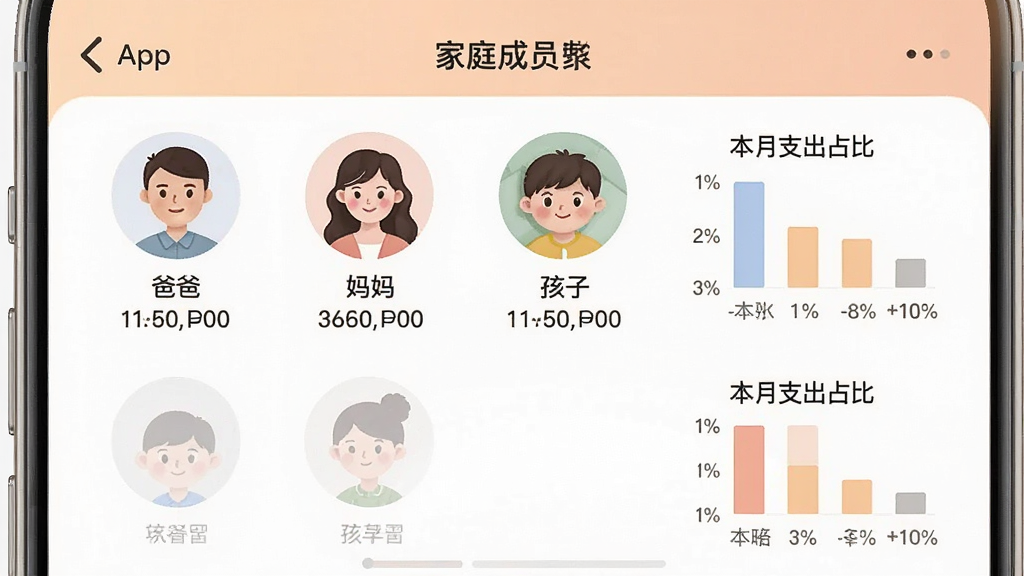 一张手机界面截图,显示汇时方App的家庭成员列表,包含爸爸、妈妈、孩子三个头像,每个头像下方有各自的消费金额,右侧有“本月支出占比”小条形图,整体风格温馨,配色柔和,画面干净,画质清晰