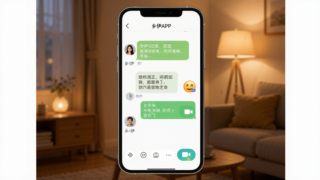 乡伊APP聊天界面,两位用户正在互动,对话框中有语音和视频图标,背景为温馨的室内灯光,手机屏幕占据视觉中心,展示清晰的文字消息和表情,界面简洁友好,高分辨率,风格写实,干净无多余元素