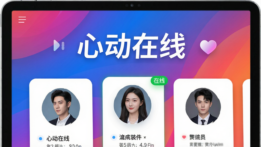 乡伊软件匹配界面展示,屏幕上方显示“心动在线”字样,下方有几张用户头像卡片,其中一张带有“在线”绿点,整体设计时尚动感,背景为渐变色,UI细节精致,画质清晰,干净无多余元素