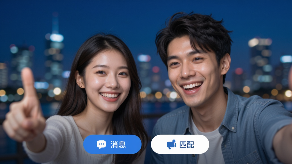 乡伊交友软件手机界面展示,主色调为蓝色,中间有两位年轻男女正在开心视频聊天,背景为模糊的城市夜景,界面下方有消息和匹配按钮,风格清新现代,UI设计简洁大方,画质高清,干净无多余元素