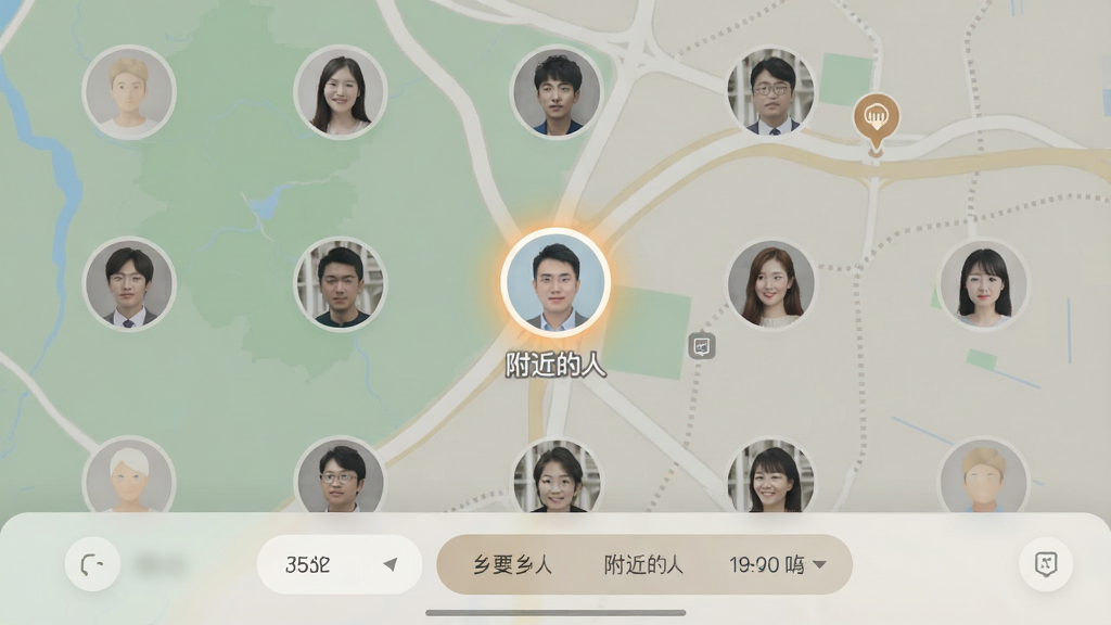 乡伊附近的人列表界面,地图背景上分布着多个用户头像,其中一个高亮显示并标注“附近的人”,界面底部有筛选栏,整体色调柔和,干净无多余元素