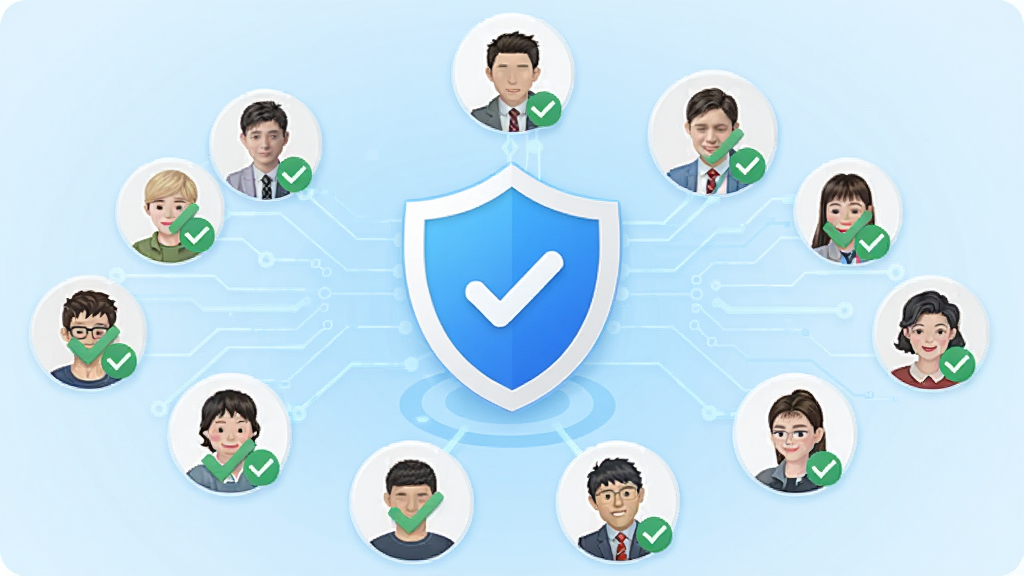 乡伊真人认证流程示意图,画面中央有一个盾牌图标,周围环绕打勾的用户头像,背景为浅蓝色科技感线条,风格简洁现代,符合社交软件气质,画质干净无多余元素