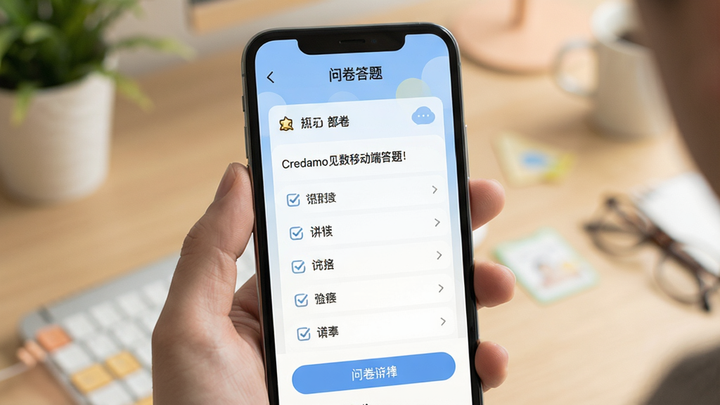 Credamo见数移动端答题界面,手机屏幕显示问卷题目和选项,背景柔和,字体清晰,界面友好,文字标签“问卷答题”