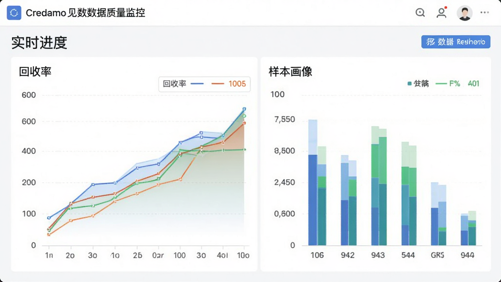 Credamo见数数据质量监控界面,折线图显示回收率,柱状图展示样本分布,背景干净,数据可视化清晰,色彩专业,文字标签“实时进度”“样本画像”
