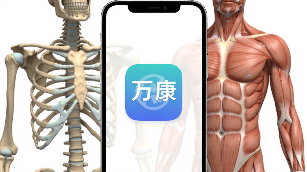 展示智能手机安装万康人体解剖应用的界面,手机屏幕正中央显示应用图标,周围环绕着骨骼和肌肉的3D模型,整体布局清晰,风格简洁现代,画质高清,干净无多余元素
