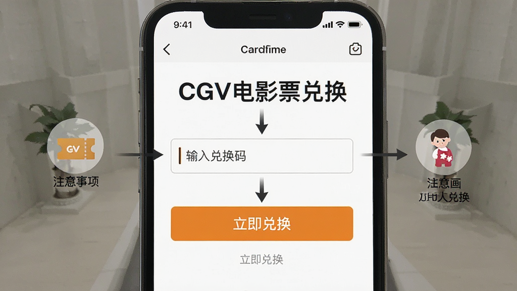 一张清晰的票券兑换流程图,以手机APP界面为背景,突出显示输入兑换码的输入框和“立即兑换”按钮,旁边有注意事项小图标,整体风格简洁指示明确,配图文字“CGV电影票兑换”,画质干净,无多余元素。