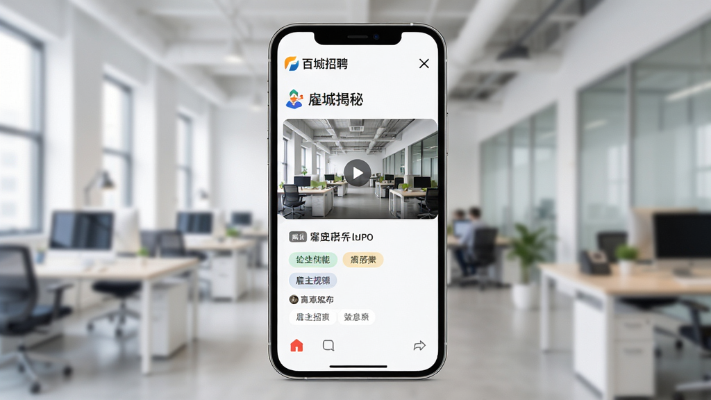 �ٳ���ƸAPP���������ء����ܽ��棬չʾ��ҵ�칫������Ƶ������ɾ�����������Ϊ�ֻ���Ļ�е���Ƶ���Ž��棬���־��У��Ű����������дʵ������ϸ�ڰ�����ҵLOGO�͸�λ��ǩ�����ʸ��壬�ɾ��޶���Ԫ��