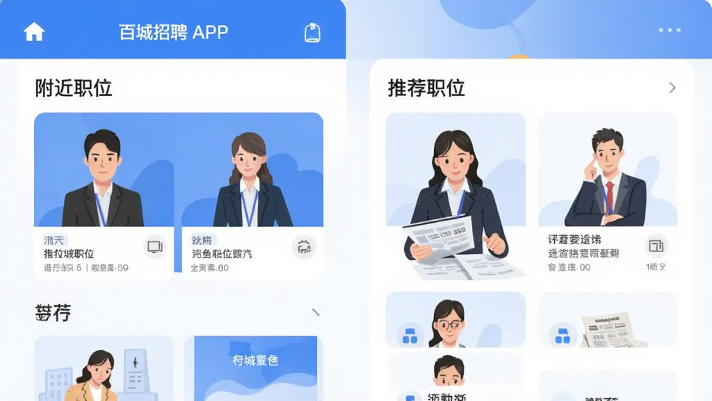�ٳ���ƸAPP��ҳչʾ����������������������ְλ���͡��Ƽ�ְλ��ģ�飬���ñ�ƽ����Ʒ����ɫ��Ϊ��ɫ�Ͱ�ɫ��ͼ�������ˣ�����廭����רҵ�����岼�ָɾ����࣬�޶���Ԫ�أ����ʸ���