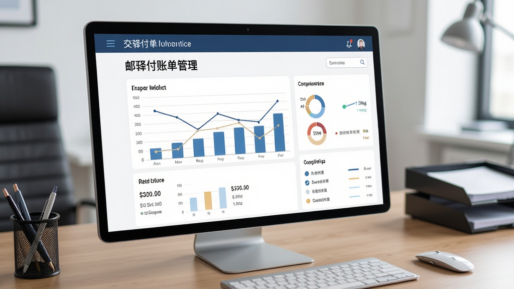 邮驿付账单管理页面,图表展示交易数据,背景为办公桌,风格商务简约,细节清晰,画质干净