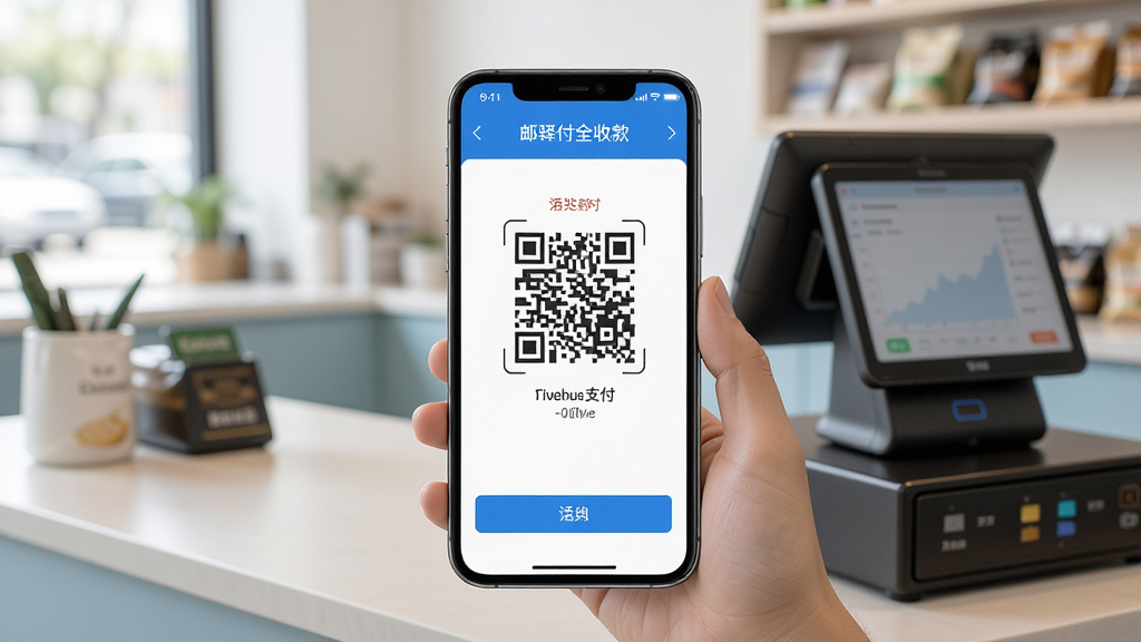 邮驿付安全收款界面,手机扫码支付,背景为店铺收银台,界面简洁清晰,风格明亮,细节丰富,画质干净