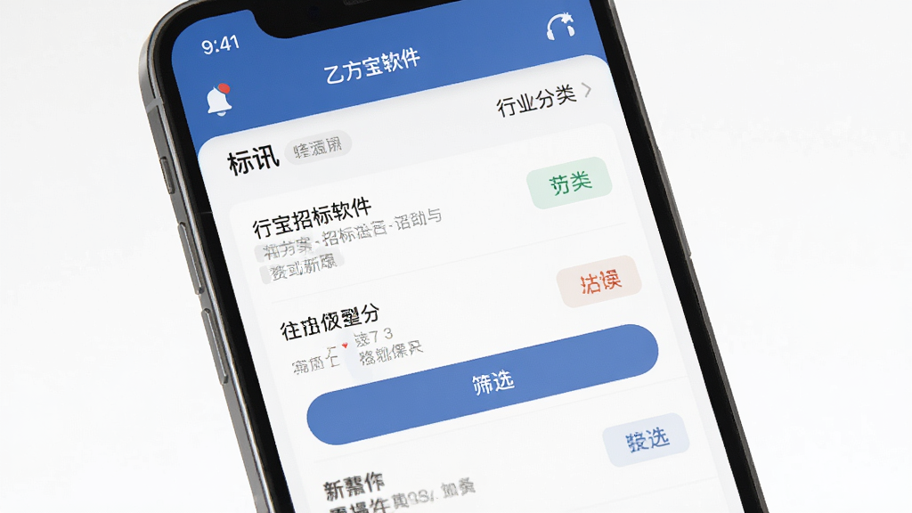 乙方宝招标软件界面设计展示,主体为手机APP界面,布局清晰展示标讯列表和筛选按钮,排版简洁直观,风格现代商务,细节包括推送通知图标和行业分类标签,画质高清干净无多余元素