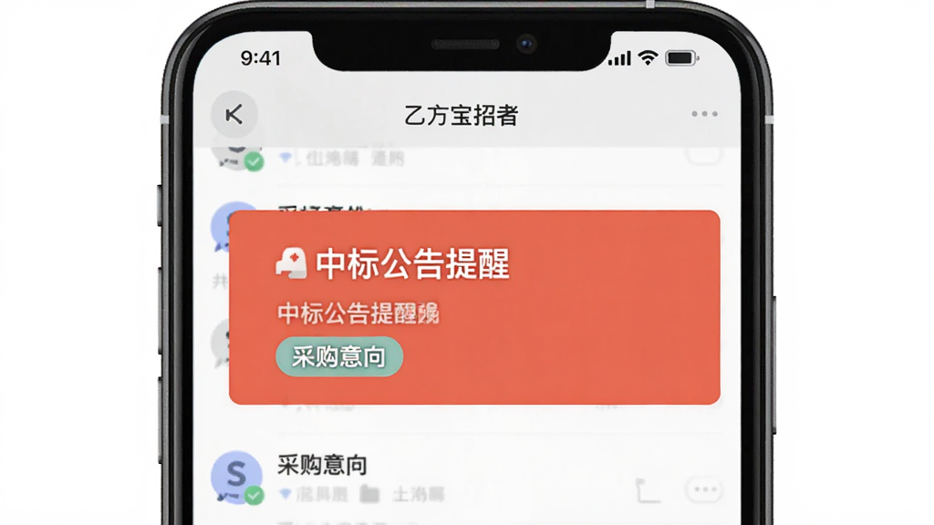 乙方宝招标AI智能推送功能示意图,主体为手机消息通知界面,布局为推送横幅样式,风格扁平化,细节展示“中标公告提醒”和“采购意向”标签,画质干净无多余元素