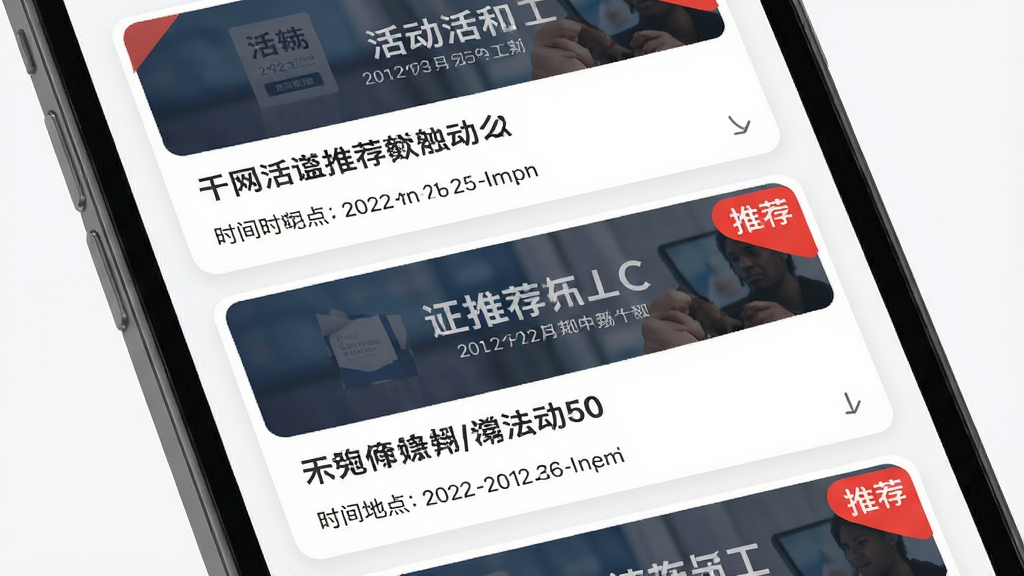 活动行APP智能推荐界面,主体为手机屏幕展示活动列表,布局采用卡片式纵向排列,每张卡片显示活动海报、标题、时间地点,排版简洁清晰,风格现代扁平化,细节包含红色“推荐”角标,画质高清,干净无多余元素