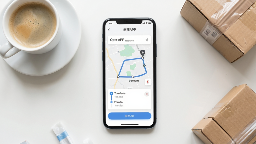 一幅展示智能手机屏幕的俯拍图,屏幕中清晰显示“肉团APP”的订单物流跟踪界面,界面风格简约现代,包含路线图和时间节点。画面背景是整洁的办公桌,放有一杯咖啡和几件待打包的纸箱。整体布局干净明亮,采用浅色调,高清画质,细节清晰,突出APP的操作便捷性。