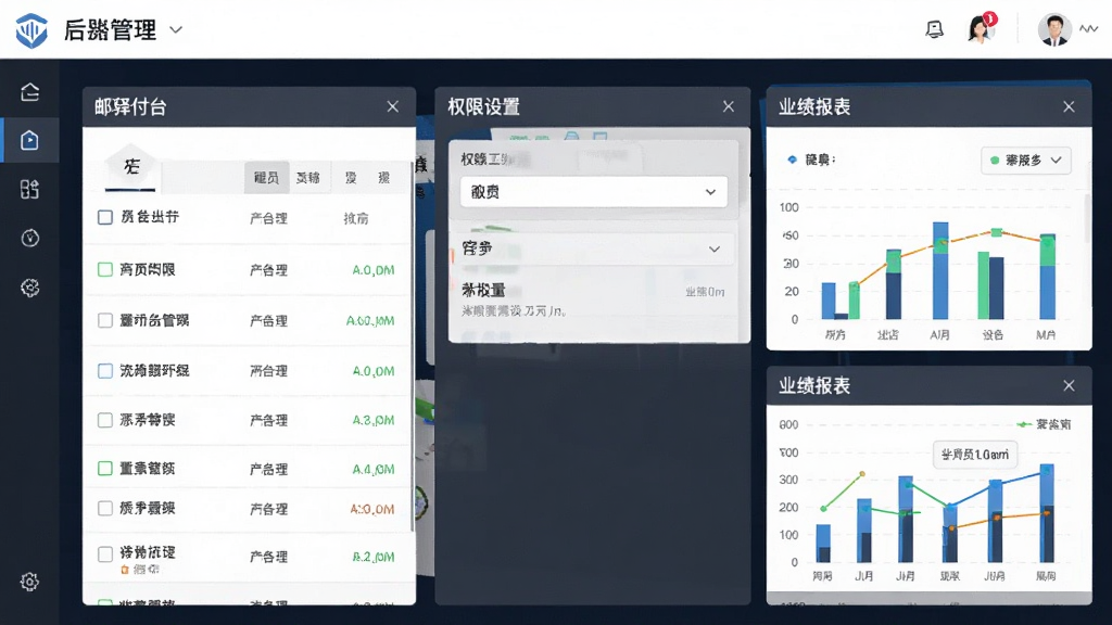 邮驿付后台管理界面,展示店员列表、权限设置、业绩报表,界面简洁,数据可视化,现代商务风格,细节丰富,画质清晰,干净无干扰