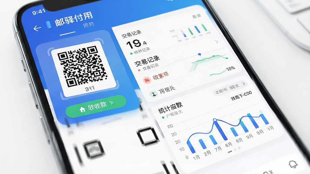 邮驿付应用界面展示,手机扫码支付场景,主界面有收款码、交易记录、统计图表等元素,布局清晰,风格现代,高细节,干净背景,无多余元素,画质高清