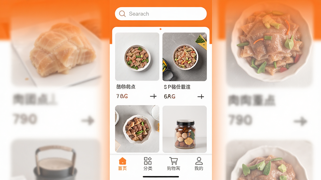 肉团APP购物软件主界面,采用简洁现代设计风格,上方为搜索栏,中部商品瀑布流展示,底部导航栏有首页、分类、购物车、我的四个图标,整体色调以橙色为主,白色背景,画质清晰干净,无多余元素