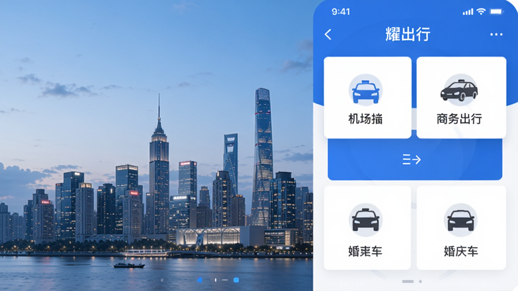 耀出行app预订界面展示多场景选择,如机场接送、商务出行、婚庆用车等图标,背景为城市天际线,界面简洁直观,色彩搭配商务蓝,排版清晰,画质干净,无多余元素