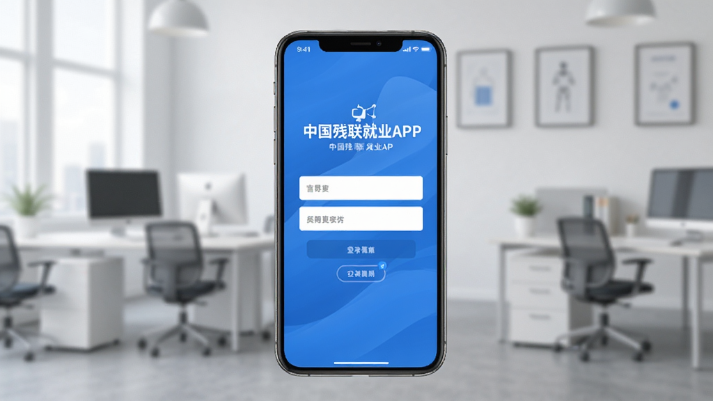 中国残联就业APP注册界面,蓝色调,手机屏幕显示登录页面,背景为简洁办公场景,高清画质,无多余元素
